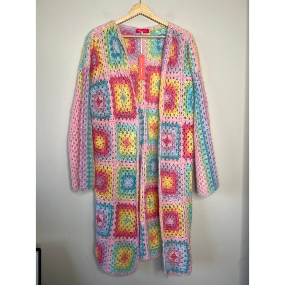 NWT Rose Carmine Mohair Crochet Grandma Squares Long Cardigan